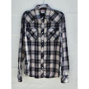 True‎ Religion Shirt Mens XXL Black Plaid Western Flannel Pearl Snap Long Sleeve